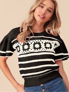 BiBi Black & White Striped Crochet-Yoke Crew Sweater